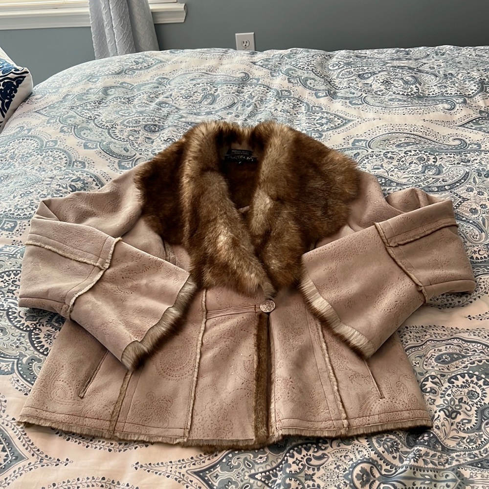 Platinum Utex Embossed Embroidered Vegan Suede Jacket w/ Faux Fur Lining